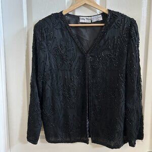 Vintage Silky Nites New York Black Beaded Sequin Formal Elegant Cardigan SZ PS